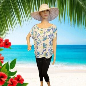 Cynthia Rowley size M cropped blue green 100% linen top Tropical Cruise T12